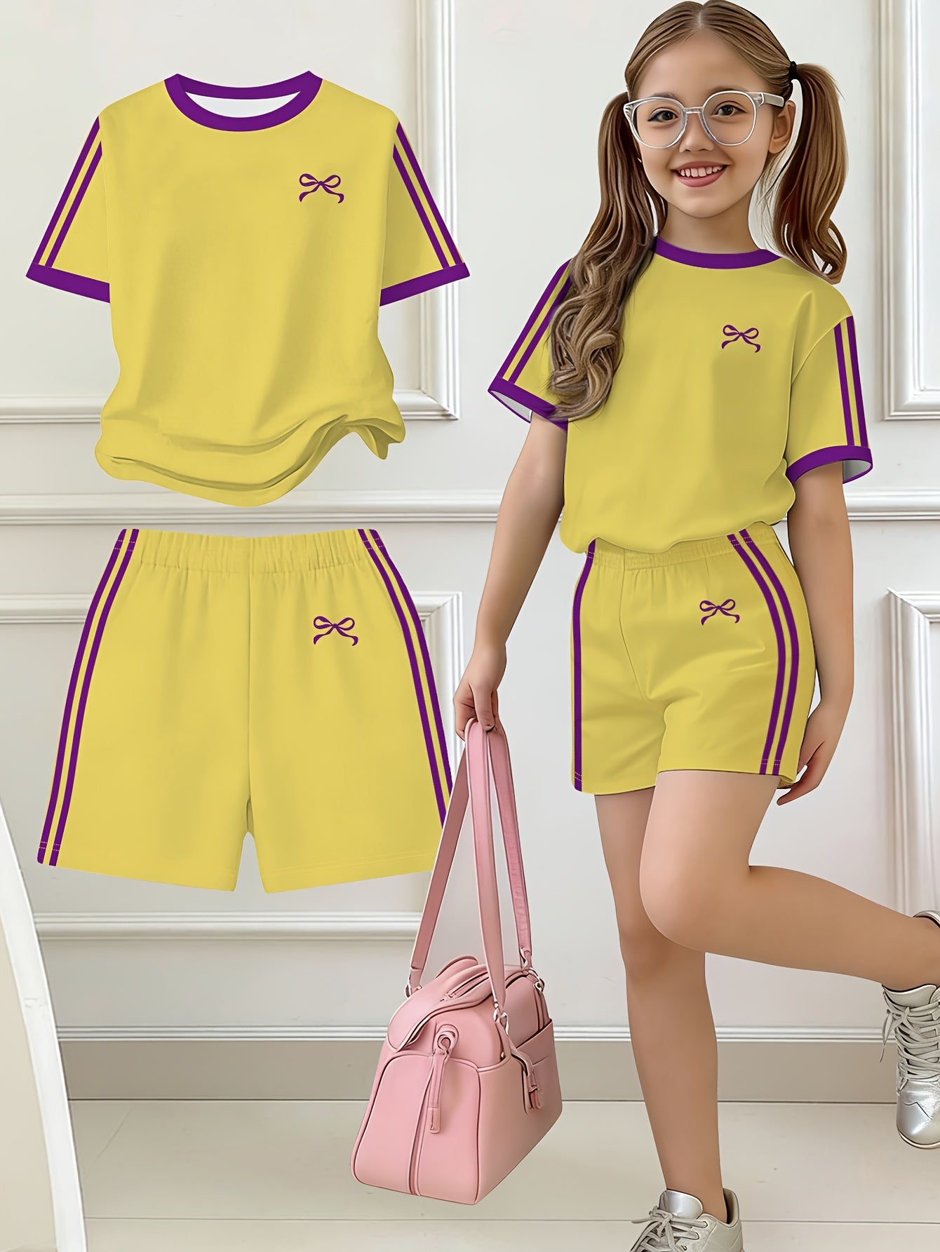 Girls' Butterfly Print Bow Short Sleeve Tee & Shorts Set