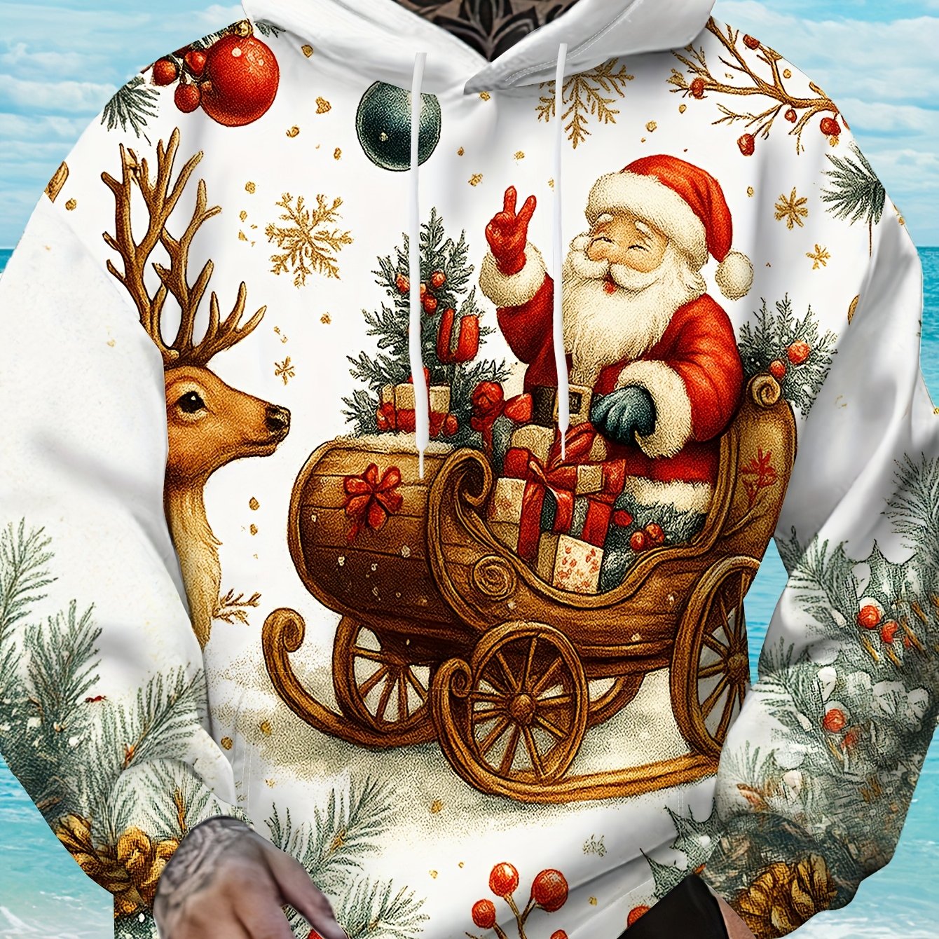 Men'S Plus Size 3D High-Definition Christmas Hooded Sweatshirt - Santa Claus & Reindeer Print, Loose Fit Winter Warmth, All-Season Casual Pullover with Pockets, Christmas Sweatshirt, Festive Clothing, Holiday Apparel, Holiday