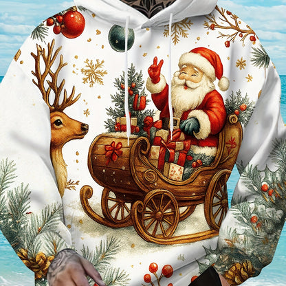 Men'S Plus Size 3D High-Definition Christmas Hooded Sweatshirt - Santa Claus & Reindeer Print, Loose Fit Winter Warmth, All-Season Casual Pullover with Pockets, Christmas Sweatshirt, Festive Clothing, Holiday Apparel, Holiday