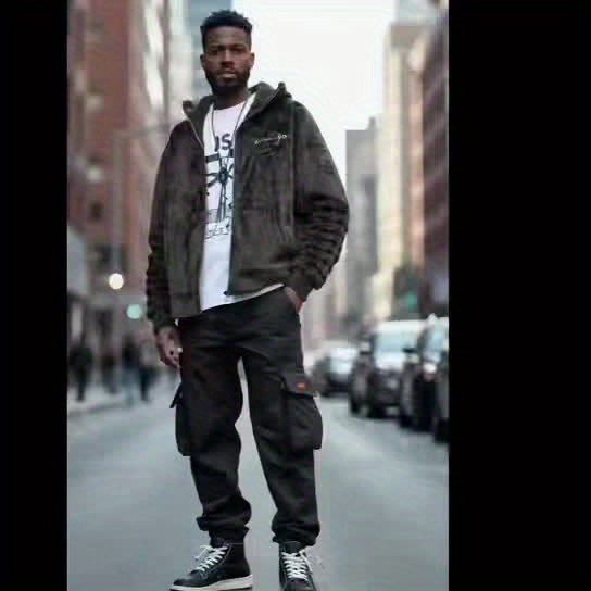 Casual Style] Men's "RELAX" Fleece Hoodie Jacket - Casual Dual-Sided Brown Teddy Coat with Zipper Closure, Long Sleeves for Fall/Winter, Casual Outerwear|Stylish Casualwear|Crafted Embroidery