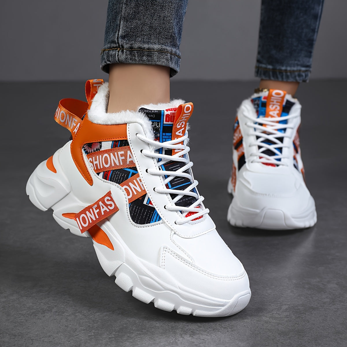 Women's Geometric Waterproof Snow Sneakers, Shock-Resistant Microfiber Upper, Flannel Lined, EVA Sole, Autumn & Winter High-Top Plush Fashion Shoes from Quanzhou