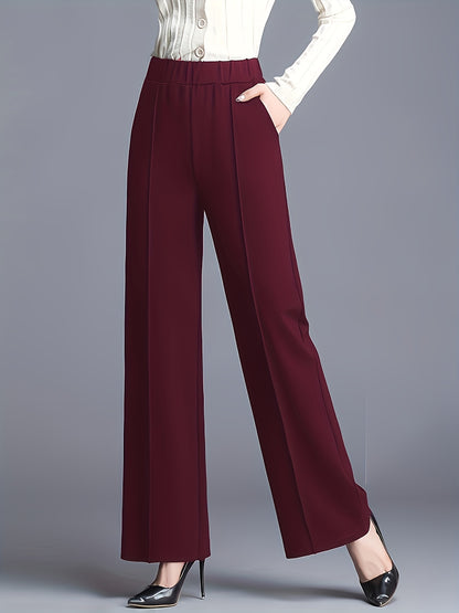 Elegant Maroon High-Waist Straight-Leg Pants for Women - Stretchy, Loose Fit with Slant Pockets, Ideal for Work & Daily Commute, Polyester Blend, All-Season Wear