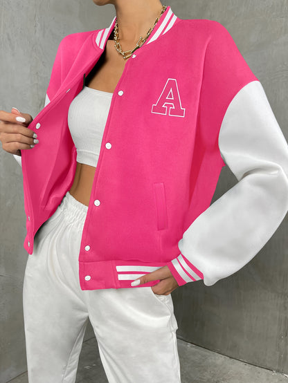 Կանացի առօրյա երկարաթև բեյսբոլի բաճկոն «A» տառի դետալով - սև և բեժ երկգույն դիզայն, կոճակներով առջևի մաս, գրպաններ, աշուն/ձմեռ նորաձև վերնազգեստ, աշուն-ձմեռ հագուստ | կոճակներով բաճկոն | ֆունկցիոնալ գրպաններ