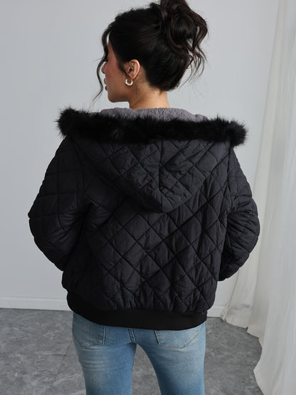 Կանացի հարմարավետ բրդյա աստառով գլխարկով բաճկոն - ամենօրյա երկար թևքերով, միագույն, սովորական չափսի, երկար թևքերով, կայծակաճարմանդով, ամենօրյա ոճով, ամենօրյա վերնազգեստ, ձմեռային բաճկոն