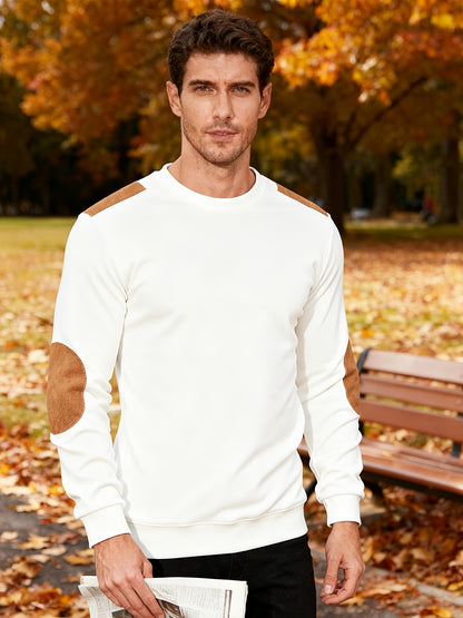 Men'S Classic Fashion Crew Neck Long-Sleeved Top | Light and Comfortable Fabric with Contrast Beige Patches for Enhanced Durability, Regular Fit, Ideal for Daily Leisure, Street Fashion, Outdoor Activities, and Light Fitness
