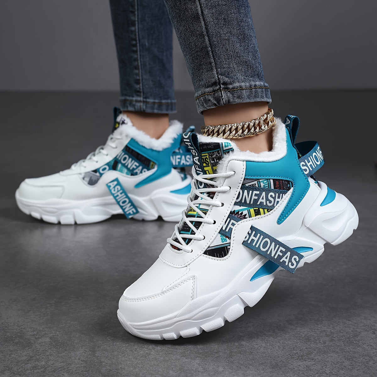 Women's Geometric Waterproof Snow Sneakers, Shock-Resistant Microfiber Upper, Flannel Lined, EVA Sole, Autumn & Winter High-Top Plush Fashion Shoes from Quanzhou