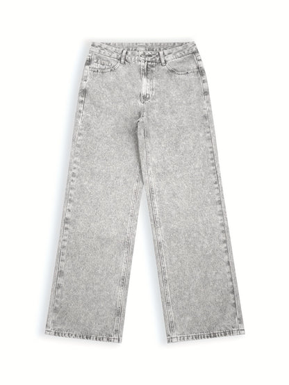 Women'S Casual Mid-Waist Wide Leg Jeans, 76% 13% Viscose 11% Polyester, Non-Stretch Denim, Solid Color, Washed Finish, Long Length, Zipper Fly, All Seasons, Woven Fabric, 390g/m² - Trendy Retro Loose Fit