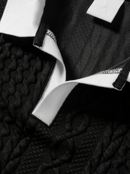 Summer Breathable Italian-style Color-blocked Light-mature Trendy Men's Shirt with V-neck, Slight Stretch, Jacquard Texture, Slim-fit Short Sleeves, Knitted - ayq