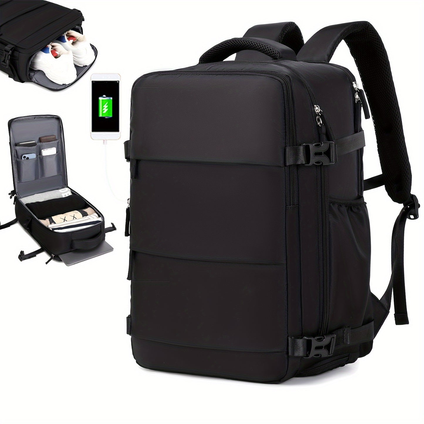 Women'S Travel Backpack, Flight Approved, Expandable Large Capacity Luggage Daypack, Business Weekend Bag with Shoe Compartment, Back to School Backpack, Solid Color, Polyester, Adjustable Strap, Zipper Closure, USB Powered,