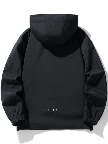 Men's Hooded Casual Windbreaker Jacket - 100% Polyester, Non-Stretch Woven Fabric, Long Sleeve, Regular Length, Alphabet Pattern, Zippered Pockets, Detachable Hood - All-Season Outdoor Lightweight Coat