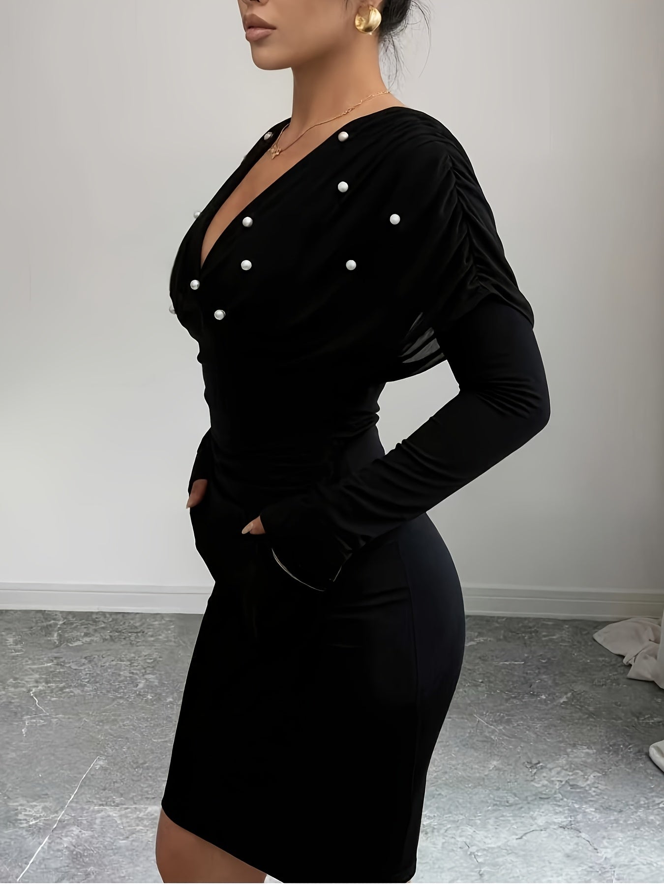 Elegant Black Pearl Detail Fitted Midi Dress | V-neck Tie Back, Chic Feminine Style, Bodycon Fit, Solid Color