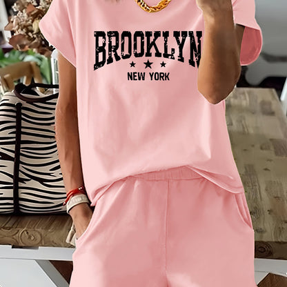 Brooklyn Letter Print Casual T-shirts &amp; Shorts հավաքածու կանանց համար՝ ձգվող պոլիեսթեր խառնուրդ, լվացվող մեքենայում