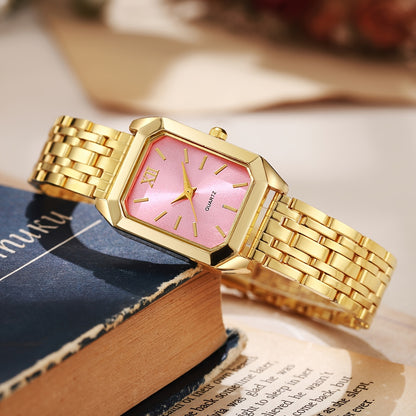1pc Women's Luxury Square Watch with Multi-Color Dial & Golden-Tone Zinc Alloy Band - Quartz Movement, Fashionable Wristwatch for Casual & Formal Occasions, Casual Wristwatch | Colorful Dial Watch | Premium Look Watch