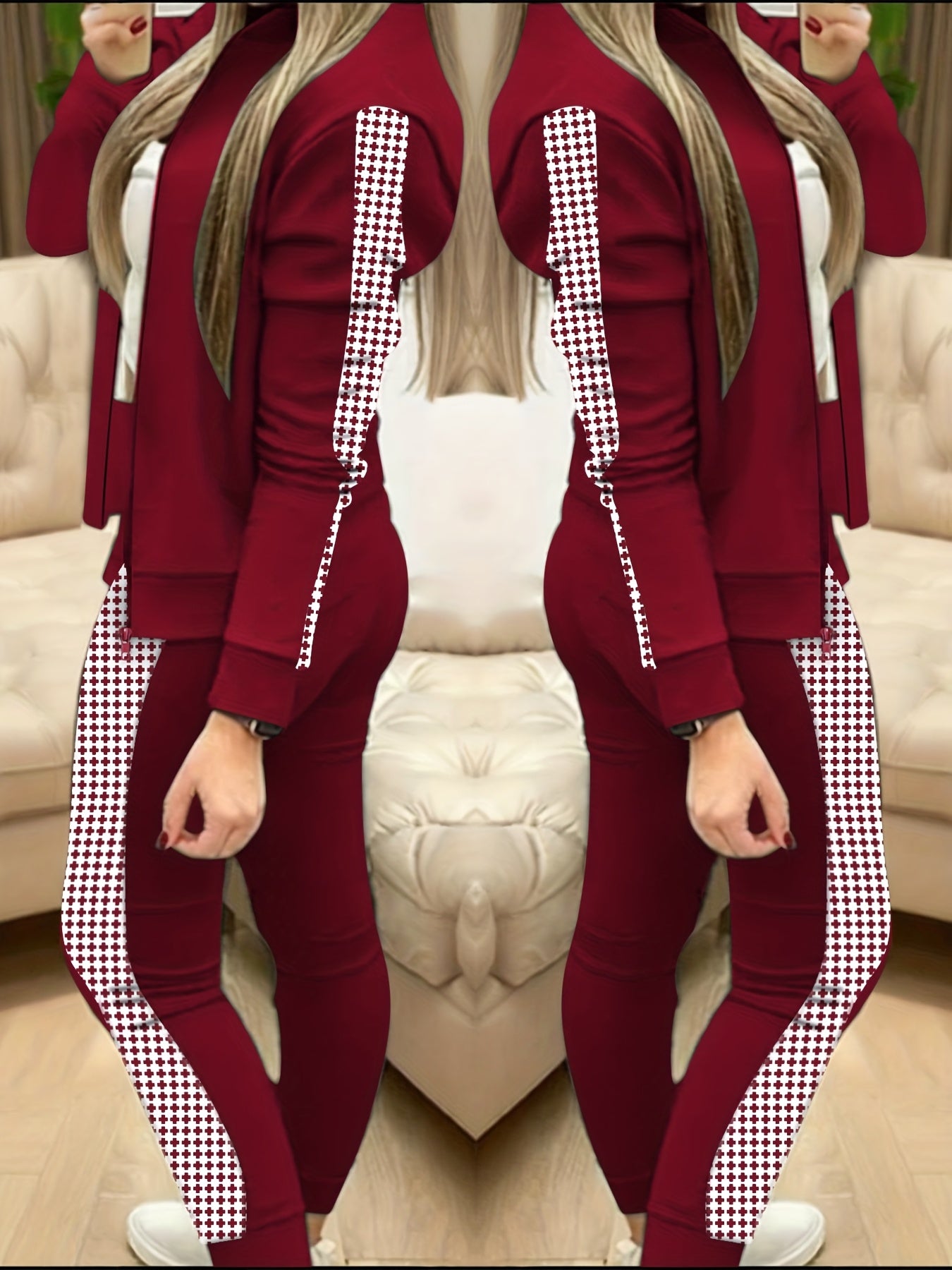 Two-Piece Outfit for Women Featuring a Geometric Design, Long-Sleeve Zip-Up Jacket, And Pants with Symmetrical Pockets - ayq