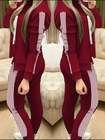 Two-Piece Outfit for Women Featuring a Geometric Design, Long-Sleeve Zip-Up Jacket, And Pants with Symmetrical Pockets - ayq