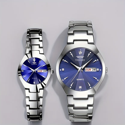 2pcs Couple Watches for Men & Women - Stainless Steel Strap, Rhinestone Accents, Luminous HD Display with Week Calendar, Quartz Movement, Elegant Gift for Valentine's Day, Mother's Day, Father's Day, Special Occasion Watch |