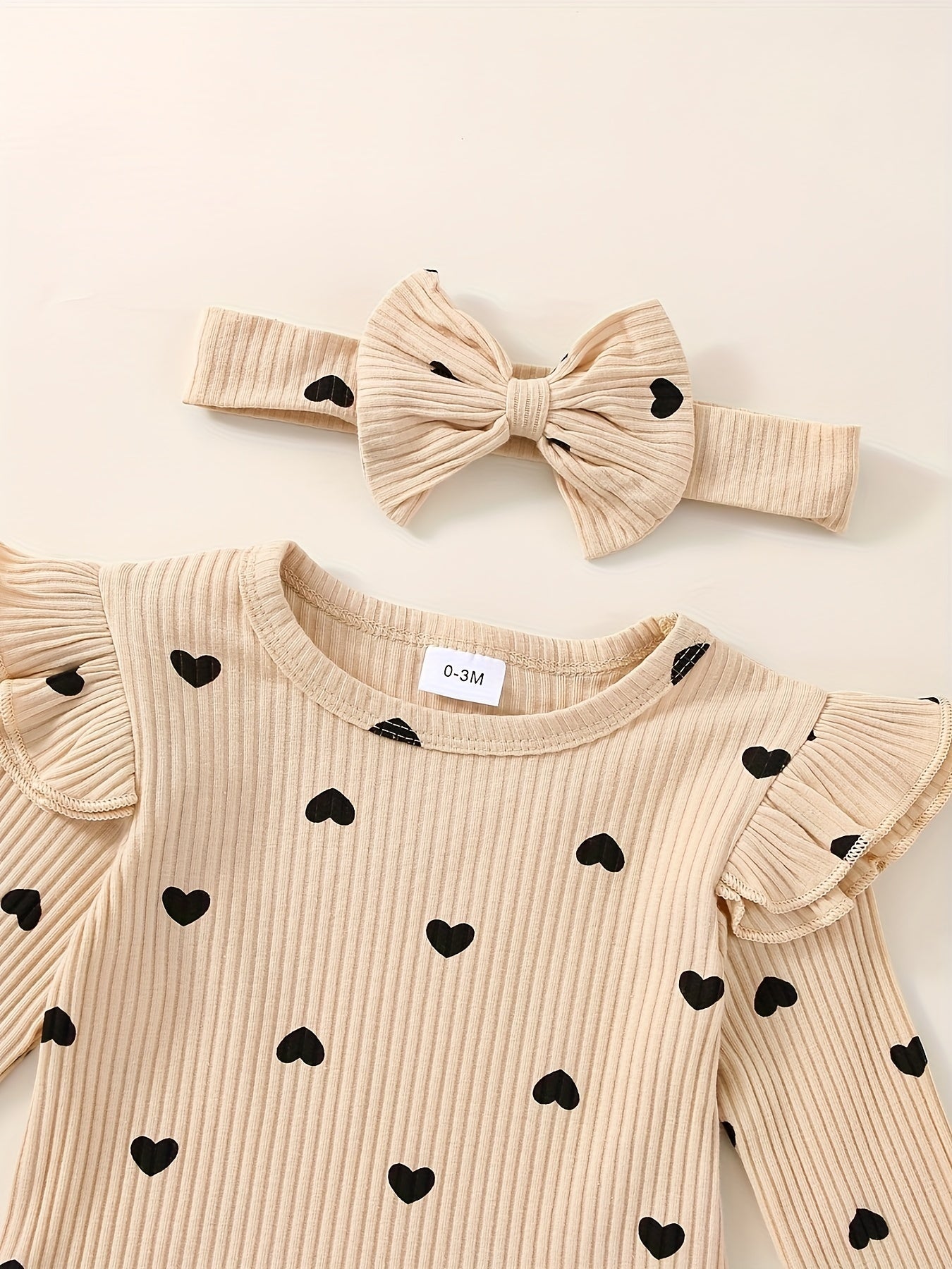 3pcs Baby Girl Outfit Set, Cute Ribbed Ruffle Long Sleeve Romper & Pants, 95% Cotton 5% Spandex, Crew Neck Pullovers, Solid Color, Regular Fit, No Belt, Fall/Winter Knit Fabric, 0-18 Months, for Outdoor