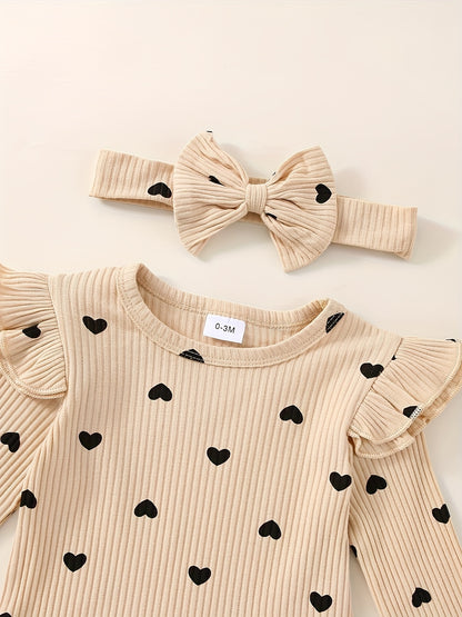 3pcs Baby Girl Outfit Set, Cute Ribbed Ruffle Long Sleeve Romper & Pants, 95% Cotton 5% Spandex, Crew Neck Pullovers, Solid Color, Regular Fit, No Belt, Fall/Winter Knit Fabric, 0-18 Months, for Outdoor