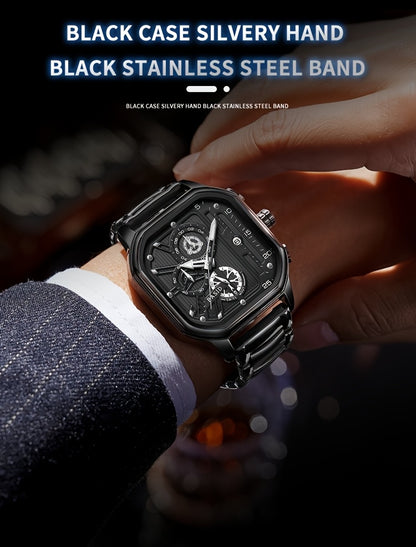 BASID Men's Elegant Square Analog Quartz Watch with Date Display & Stopwatch - Stainless Steel Strap, Black Dial - Casual & Dress Watch for Men, Unique Gift Idea, Versatile Wristwatch, Sleek Watch Design, Polished Finish