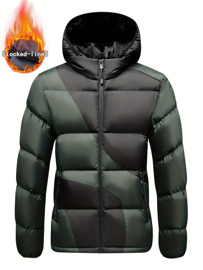 Men's Insulated Winter Jacket with Removable Hood & Thickened Lining - Dark Green/Black Color-Block Design, Zippered Pockets, Full-Zip Closure, Polyester Shell & Insulation for Casual Outdoor & Casual Attire - Cold Weather Co