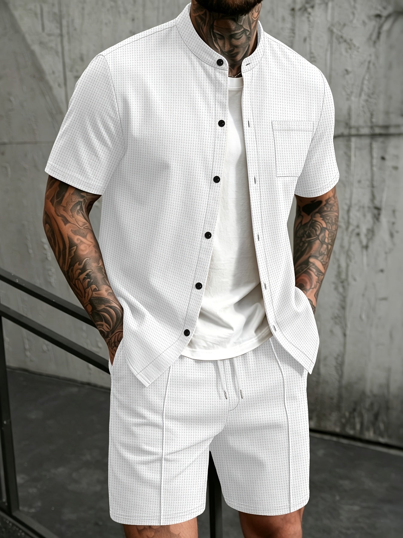 Men's Casual Mandarin Collar Short Sleeve Shirt and Drawstring Pants