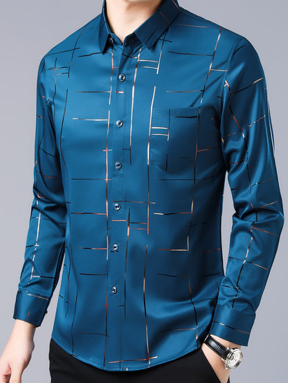 Elegant Men's Maroon Striped Long Sleeve Dress Shirt - Sophisticated Black & Golden Print, Breathable Polyester, Casual Comfort Fit with Classic Collar and Button-Up Front for Casual Attire