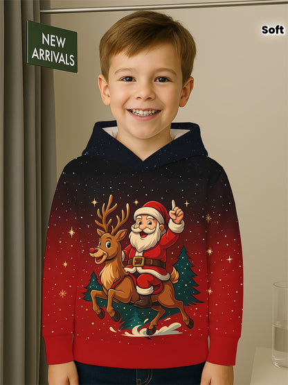 Boys' 3D Digital Print Santa & Reindeer Christmas Hooded Sweatshirt - Red & Black Gradient Festive Pullover with Glowing Eyes, Soft Stretch Fabric, Machine Washable, Long Sleeve Party Outfit for School Events, Family Photos &