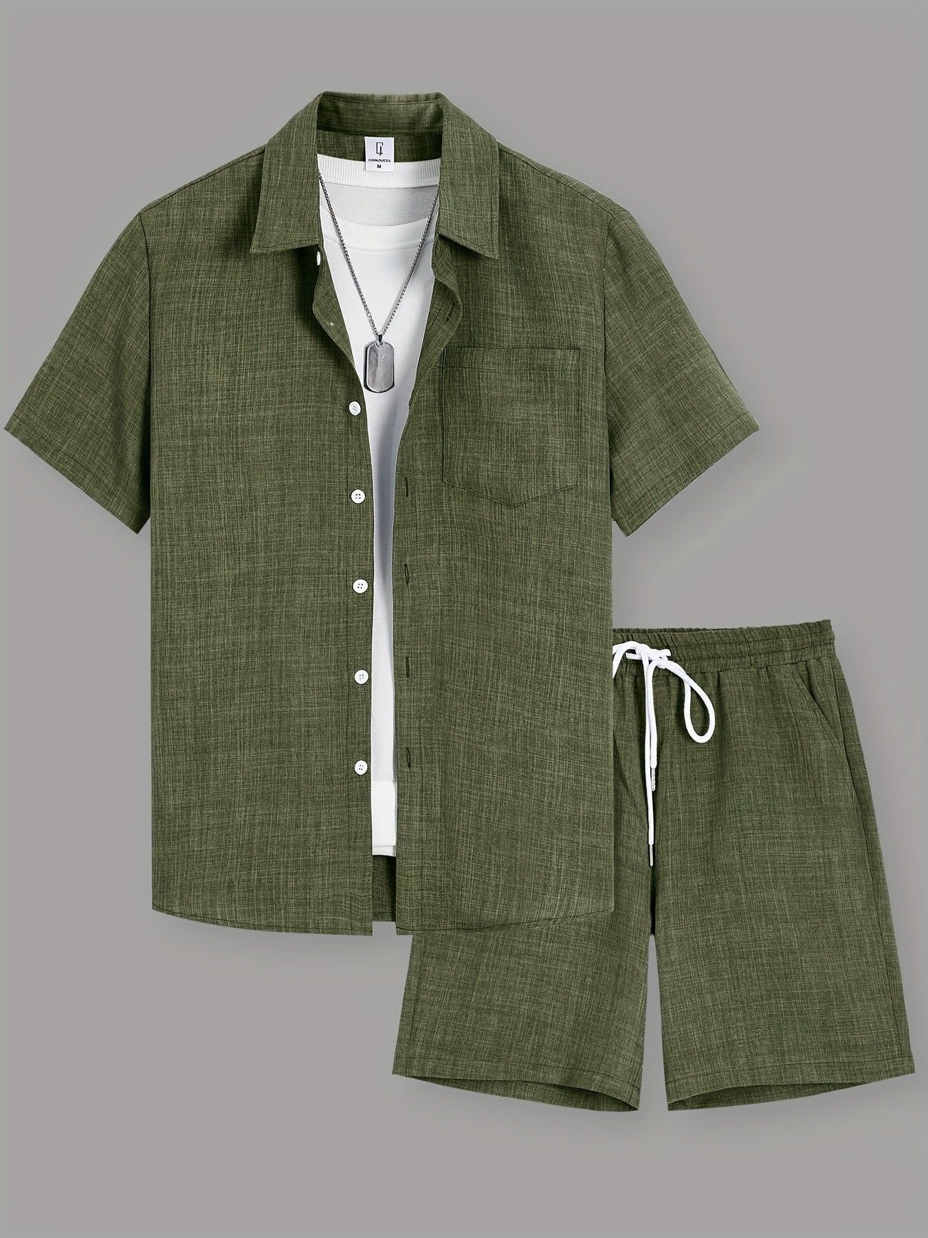 Men's Casual Solid Color Short Sleeve Shirt & Drawstring Shorts Set