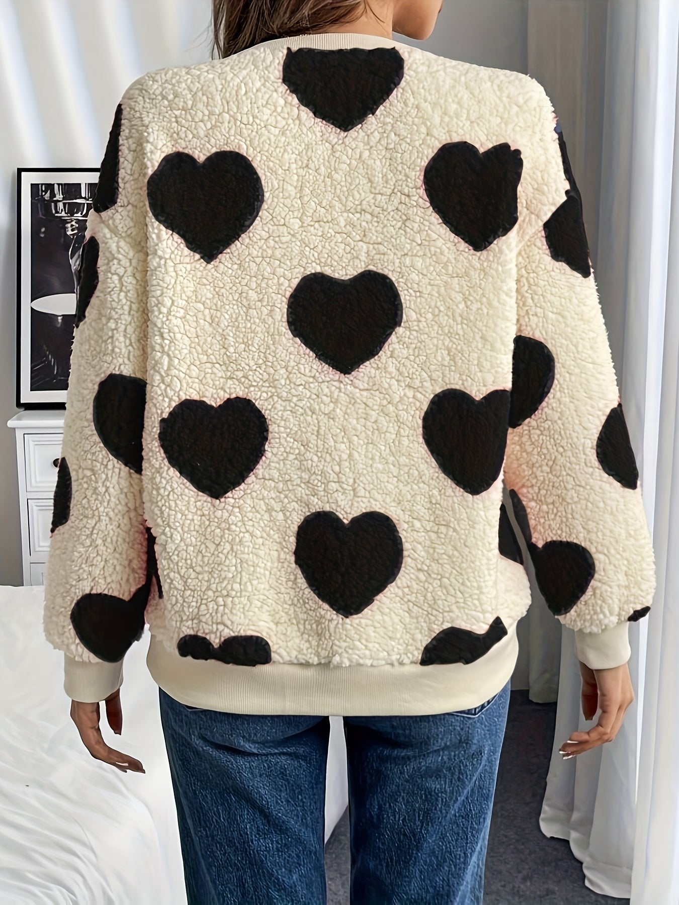 Women'S Plush Heart Sweater - Soft & Heart Pattern Sweater with Heart Cutouts, Cozy Winter Sweater for Fall & Winter