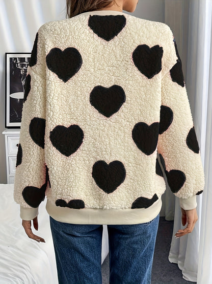 Women'S Plush Heart Sweater - Soft & Heart Pattern Sweater with Heart Cutouts, Cozy Winter Sweater for Fall & Winter