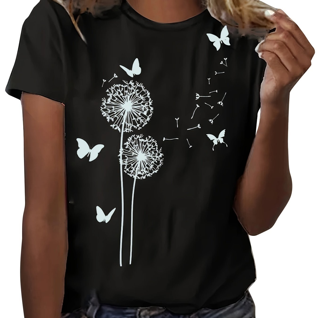 Dandelion &amp; Butterfly Print T-shirt, Casual Crew Neck կարճ թև վերնաշապիկ գարնան և ամառի համար, կանացի հագուստ