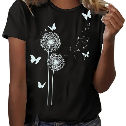 Dandelion &amp; Butterfly Print T-shirt, Casual Crew Neck կարճ թև վերնաշապիկ գարնան և ամառի համար, կանացի հագուստ