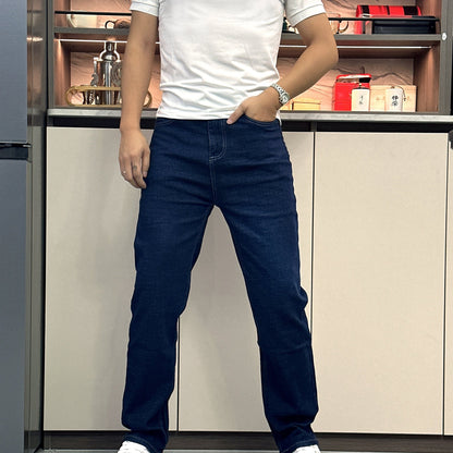 Men's Classic Straight-Leg Jeans in Dark Blue - Comfortable & Stylish Denim for Casual, Work, and Business Dates | Machine Washable, Non-Transparent with Printed Detail | All-Season Wear