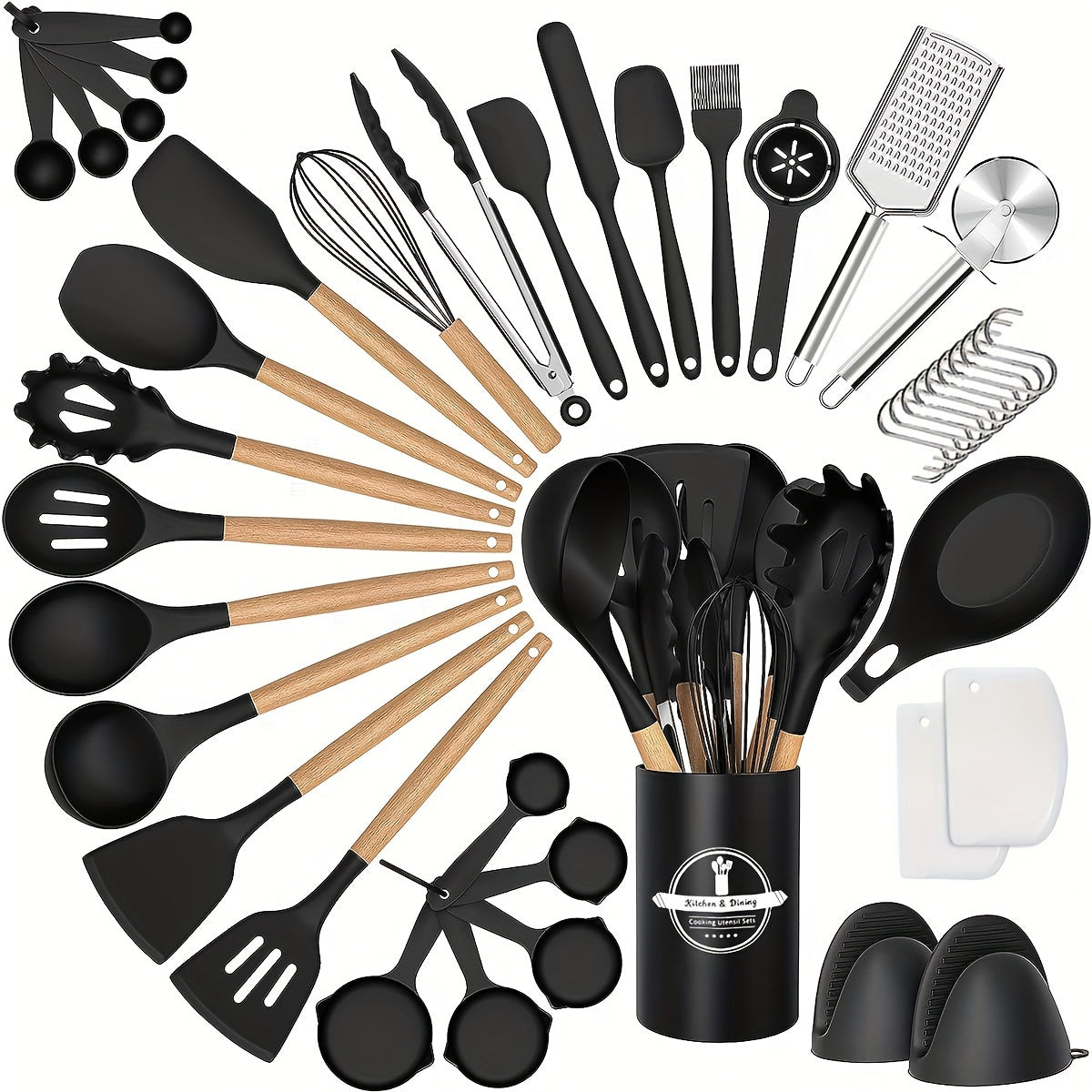43pcs Non-Stick Cookware Storage Bucket with Wooden Handles, Silicone Kitchen Utensils, Easy-To-Clean Kitchen Tools, Spatula And Spoon Set.