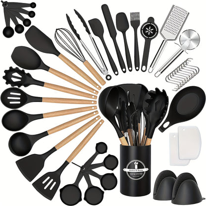43pcs Non-Stick Cookware Storage Bucket with Wooden Handles, Silicone Kitchen Utensils, Easy-To-Clean Kitchen Tools, Spatula And Spoon Set.