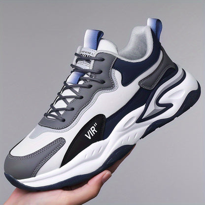 Men's Stylish Color-Block Sneakers - Black  Gray with White Accents, Comfortable All-Day Wear, Durable Rubber Sole, Lace-Up Design, Trendy Low-Top Style for Casual or Athletic Use, Casual Sneakers   Fashion Sneakers   Pu Mat