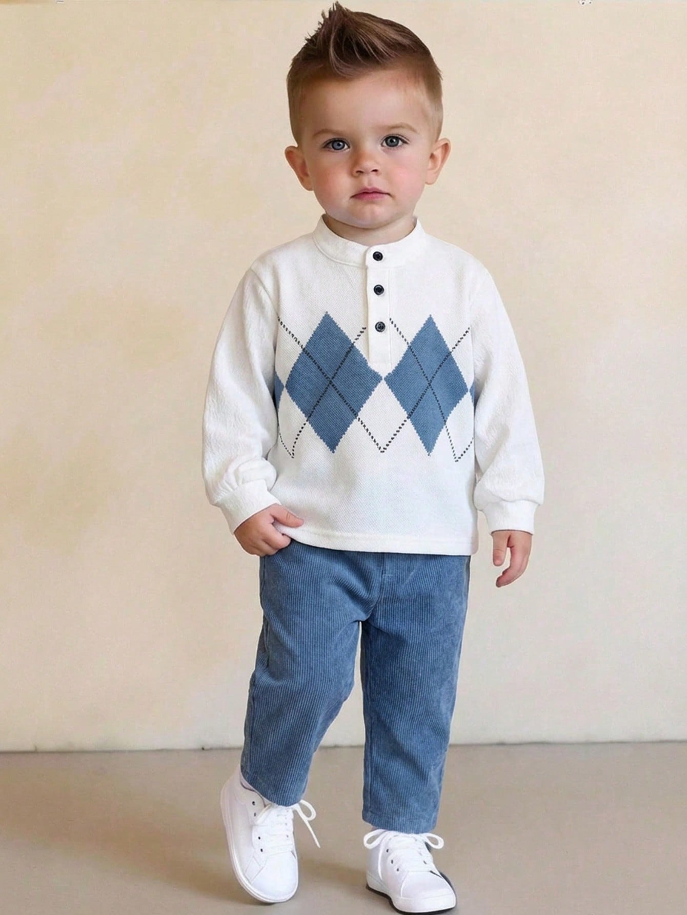 Boys' British Style Rhombus Top & Corduroy Pants Set for Spring
