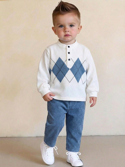 Boys' British Style Rhombus Top & Corduroy Pants Set for Spring