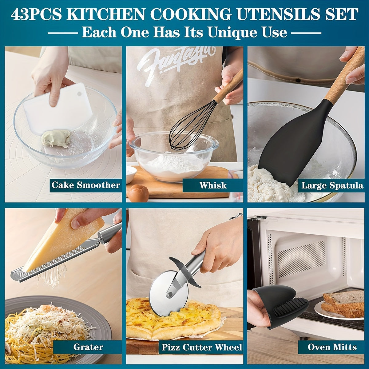 43pcs Non-Stick Cookware Storage Bucket with Wooden Handles, Silicone Kitchen Utensils, Easy-To-Clean Kitchen Tools, Spatula And Spoon Set.