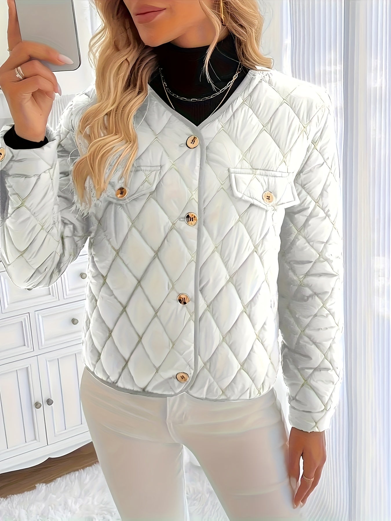 Women'S Quilted Jacket with Golden Buttons - Stylish White Long Sleeve Coat, Casual Fit, Faux Pockets, Perfect for Casual Attire, Casual Wear Jacket | Quilted Jacket | Buttoned Jacket