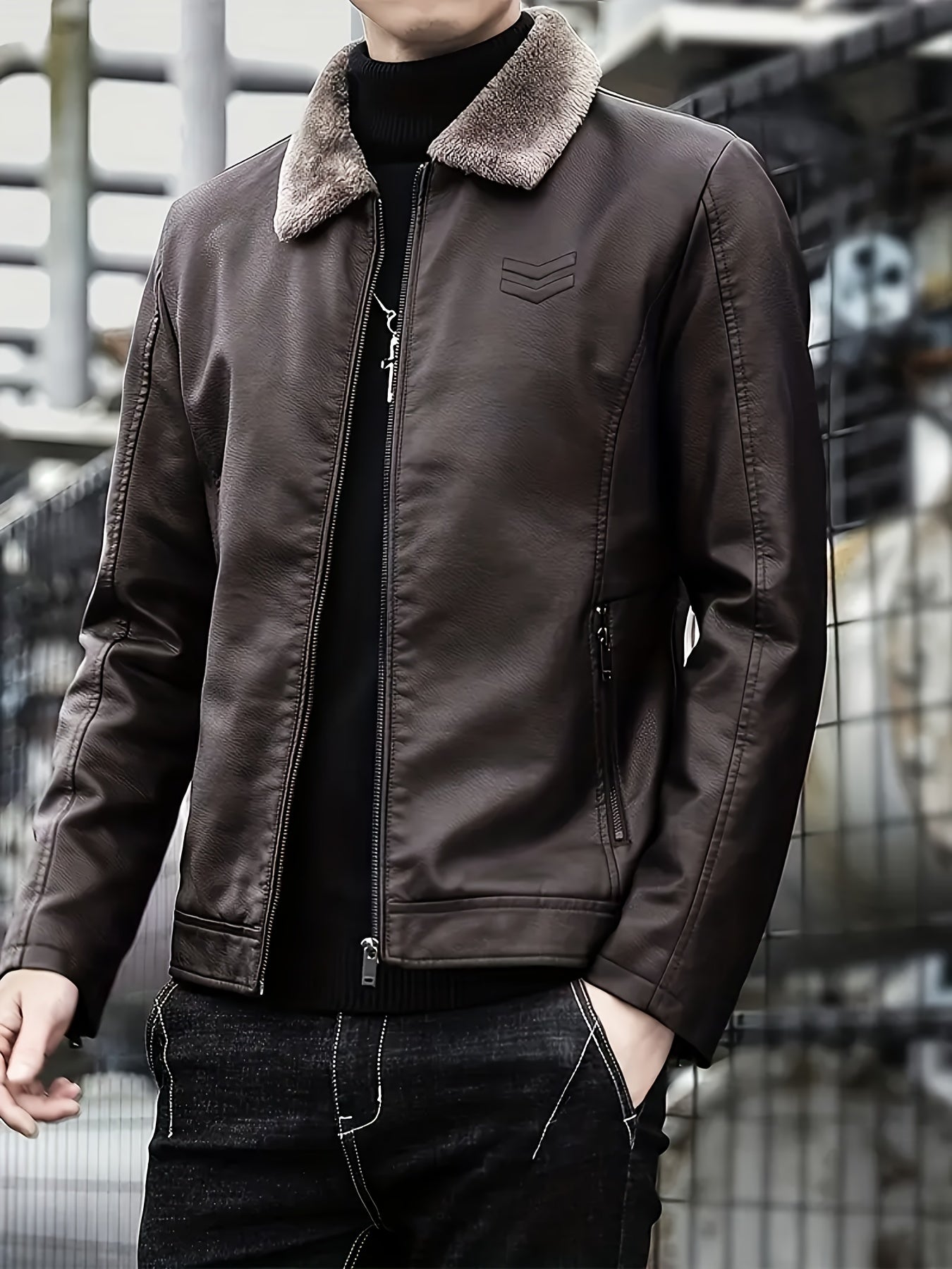 Men's Windproof Winter Jacket with Fleece & Collar, Zippered Pockets, Warm Coat for Skiing, Hiking, Motorcycle Riding - Hand Washable Cold Weather Outerwear (Black/Brown), Winter Clothes Men, Bomber Jackets For Winter, Mens W