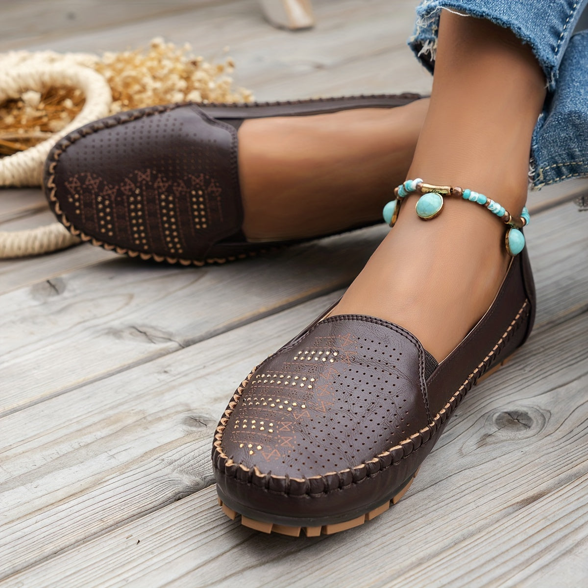 Women's Retro Perforated Flat Shoes, Comfy Breathable Round Toe Slip On Shoes, Casual Outdoor Loafers