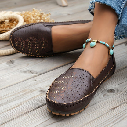 Women's Retro Perforated Flat Shoes, Comfy Breathable Round Toe Slip On Shoes, Casual Outdoor Loafers