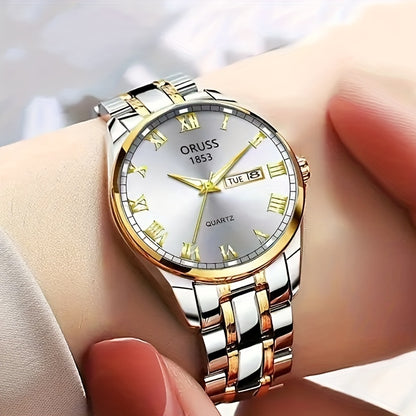 1pc Elegant Ladies' Quartz Wrist Watch, Luminous Dial, Classic Calendar, Roman Style, Stainless Steel Band, Alloy Case, Non, Non-Rechargeable Battery - Fashion Timepiece