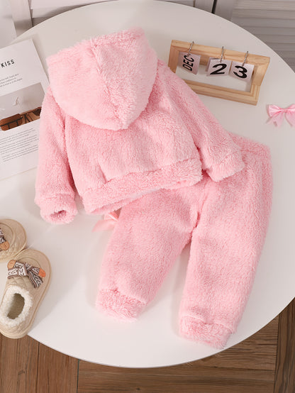 Two-Piece Cute Girls' Autumn/Winter Set: Long Sleeve Hooded Plush Butterfly Top with Pants, Perfect for Daily Outdoor Wear. Cozy Faux Fur Fabric - Essential Indoor & Winter Accessory and Holiday Gift Idea, Perfect for Outdoor