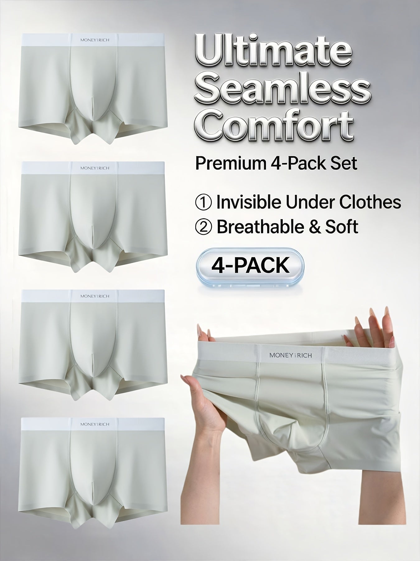Men's Stretchy Solid Color Breathable Seamless Boxer Briefs, 4-Pack