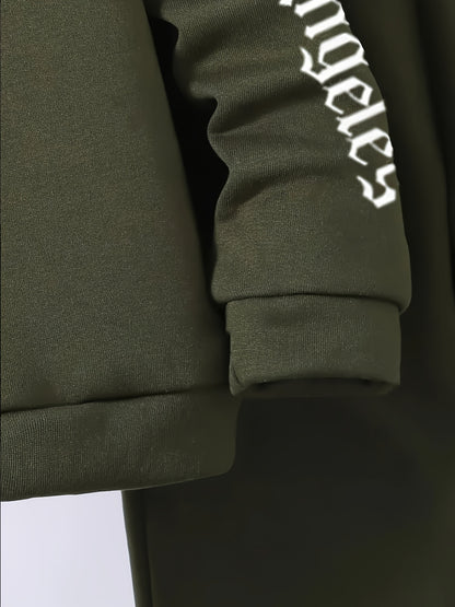 2pcs Boys' Casual Polyester Tracksuit Set, Los Angeles Alphabet Print, Medium Stretch Knit Fabric, Regular Fit, with Fleece-Lined Long Sleeve Hoodie and Joggers, for Daily & Outdoor Wear, Fall/Winter Warmth, for Outdoor