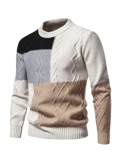 Men'S Fashion Long Sleeve Crew Neck Sweater | Casual Patchwork Knit Pullover, Warm Winter Top for Men, Suitable for Daily & Weekend Casual Wear