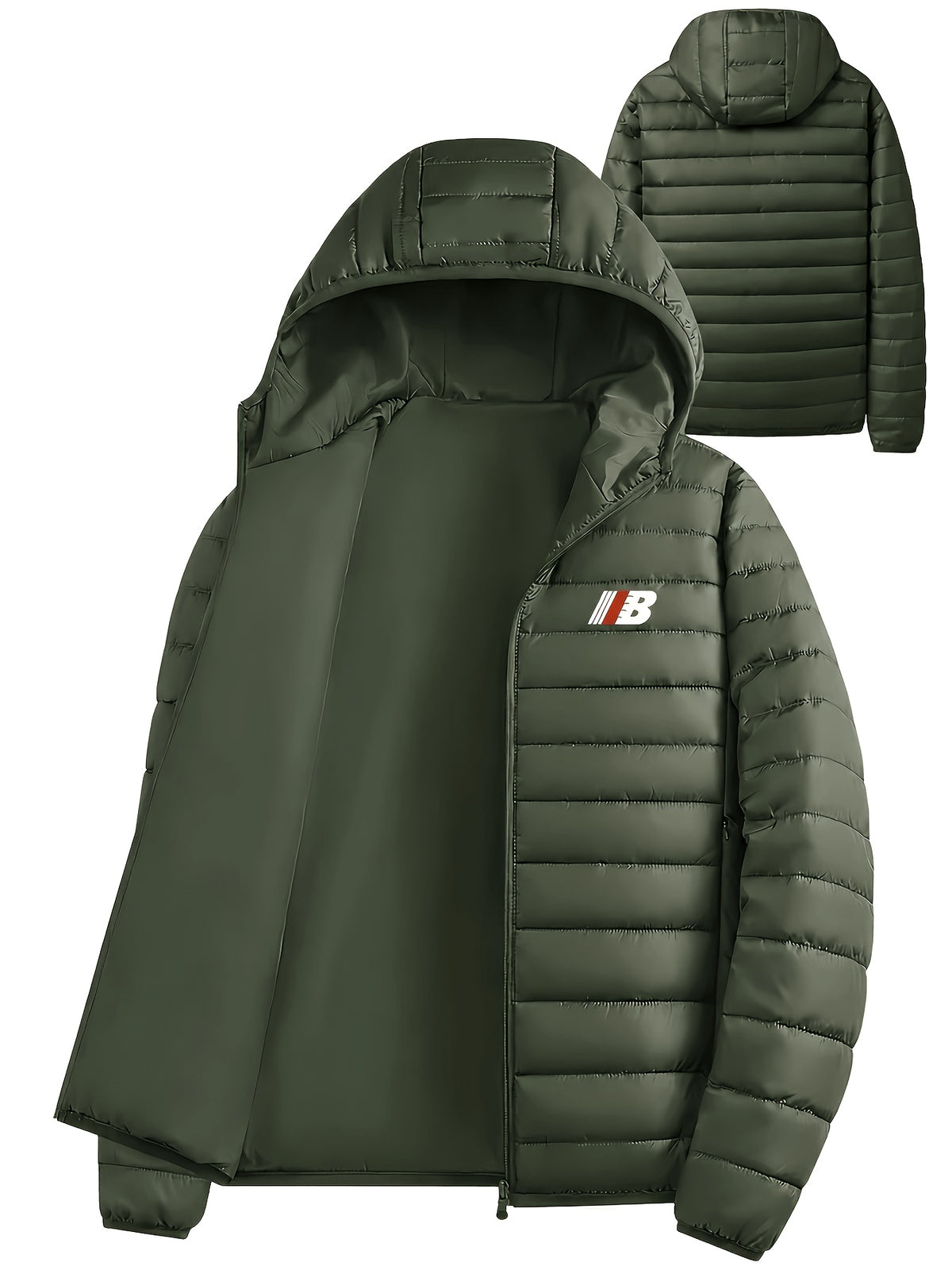 Men's Quilted Hooded Jacket with Ribbed Cuffs for Winter