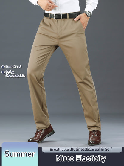 Men's Solid Color Straight Leg Business Style Cotton Blend Pants, Casual Comfy Breathable Outdoor Trousers As Gift